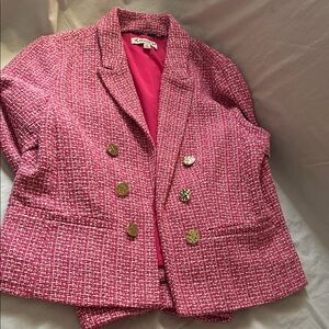 Nanette Lepore Pink Tweed Double-Breasted Blazer with Gold Buttons